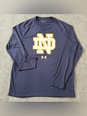 Under Armour Notre Dame Long Sleeve Shirt Mens XL Blue ND Logo Loose Fit